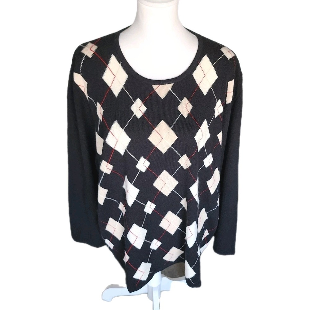 Hampshire Studio Sweater Womens 3X‎ Plus Black Cream Argyle Pullover Preppy Y2K